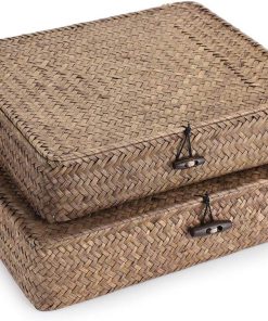Hipiwe Set of 2 Flat Woven Wicker Storage Bins with Lid Natural Seagrass Basket Multipurpose Home Boxes for Shelf Organizer (Coffee)